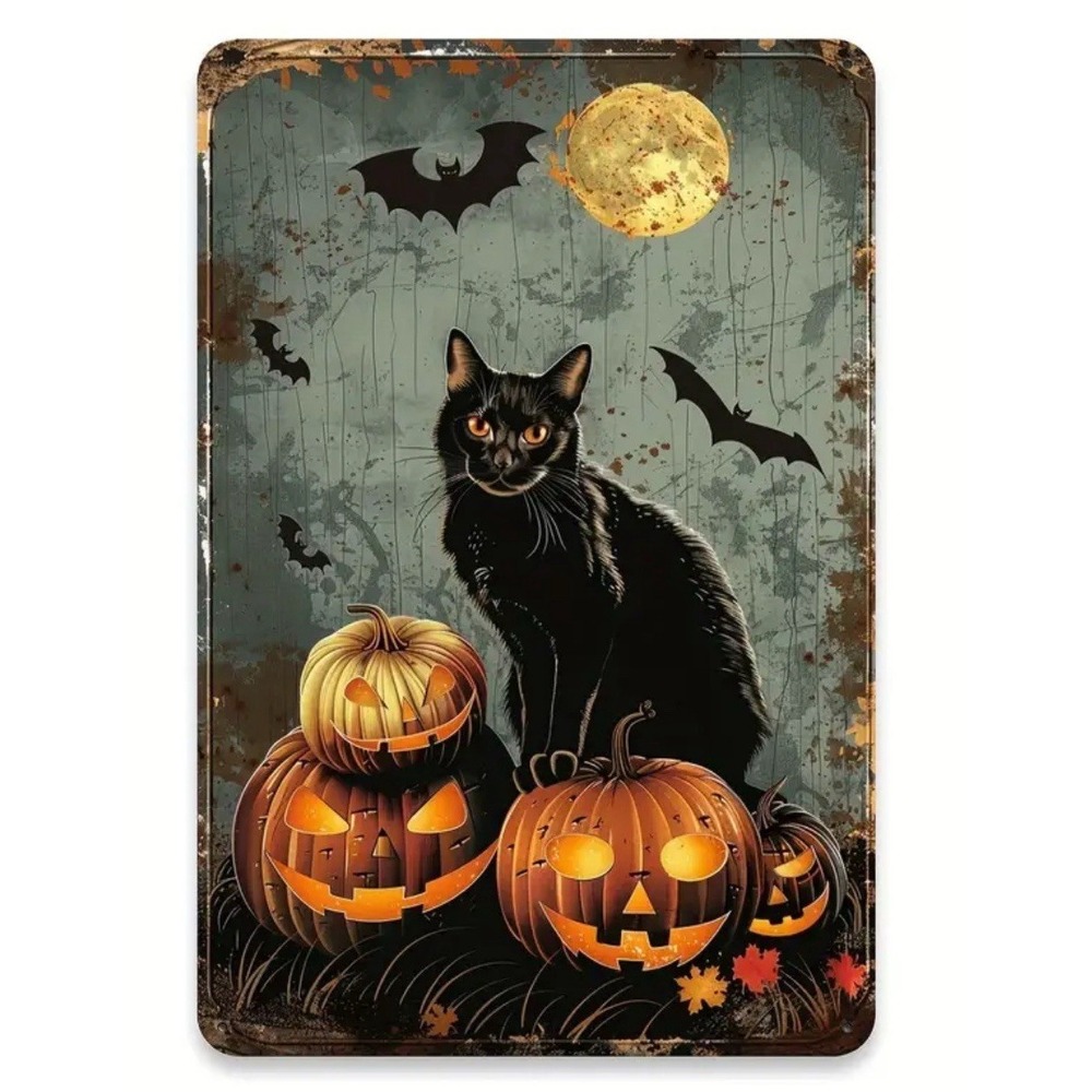 New Jack O Lantern Halloween Tin Metal Sign  8x12 Decoration‎ Black Cat Pumpkin